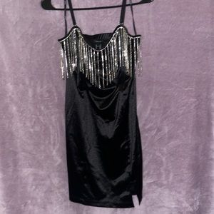 Black satin dress with dangling rhinestones and removable straps